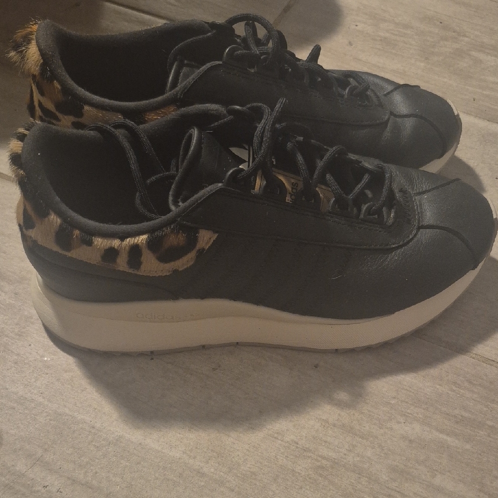 Adidas Black and Tan Sneakers with Animal Print Accents